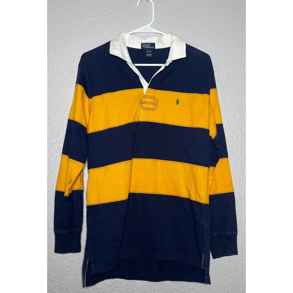 Polo Ralph Lauren Rugby Shirt Kids Large 16/18โ Blue Yellow Striped Long Sleeve